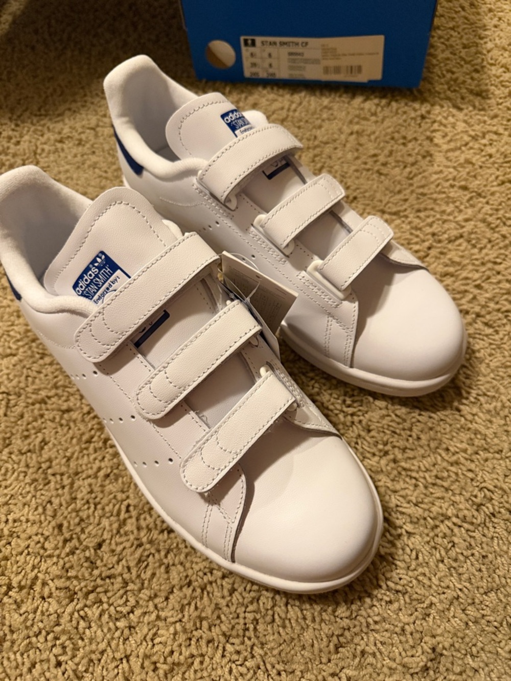 adidas Kids White Sneakers with Blue Heel Tab and Velcro Straps
